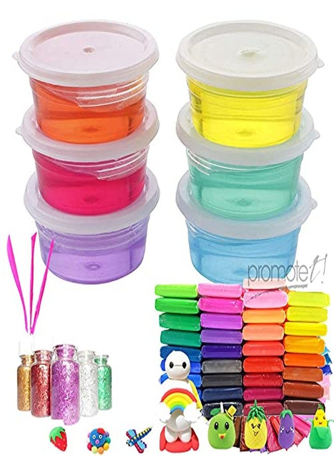 Promote Trader 6 Crystal Slime and 24 Air Dry Clay Combo with Free Glitter and Tools for Kids Boys and Girls Age 3+ Years Magic Mud Surprise Gift Slime Putty - Image 1
